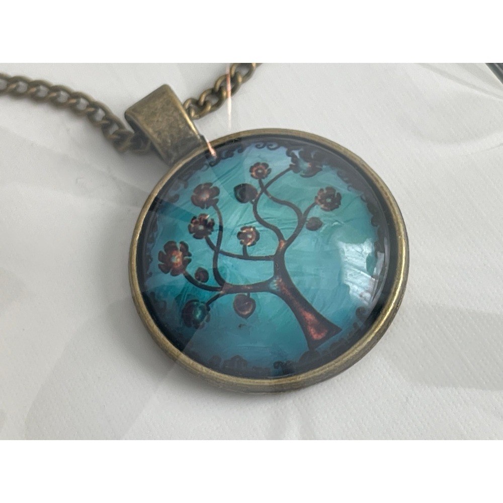 00672‎ Tree of Life Pendant Necklaces LOT/4 Blue Cabochon Antique Bronze Chain